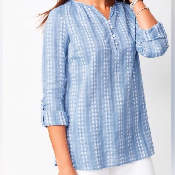 Talbots Embroidered Long Roll Tab Sleeve Popover Top sz LP blue white coastal - Picture 1 of 8